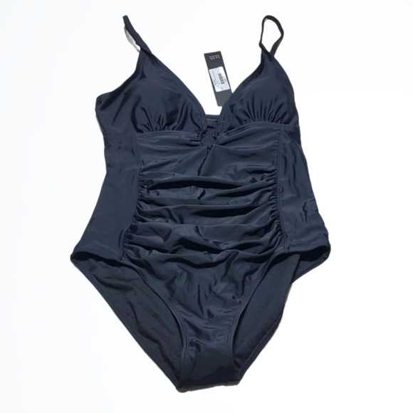 Nicole Miller Black Control Top Ruching Peak Openings Full Swimsuit One Piece M - Picture 1 of 7